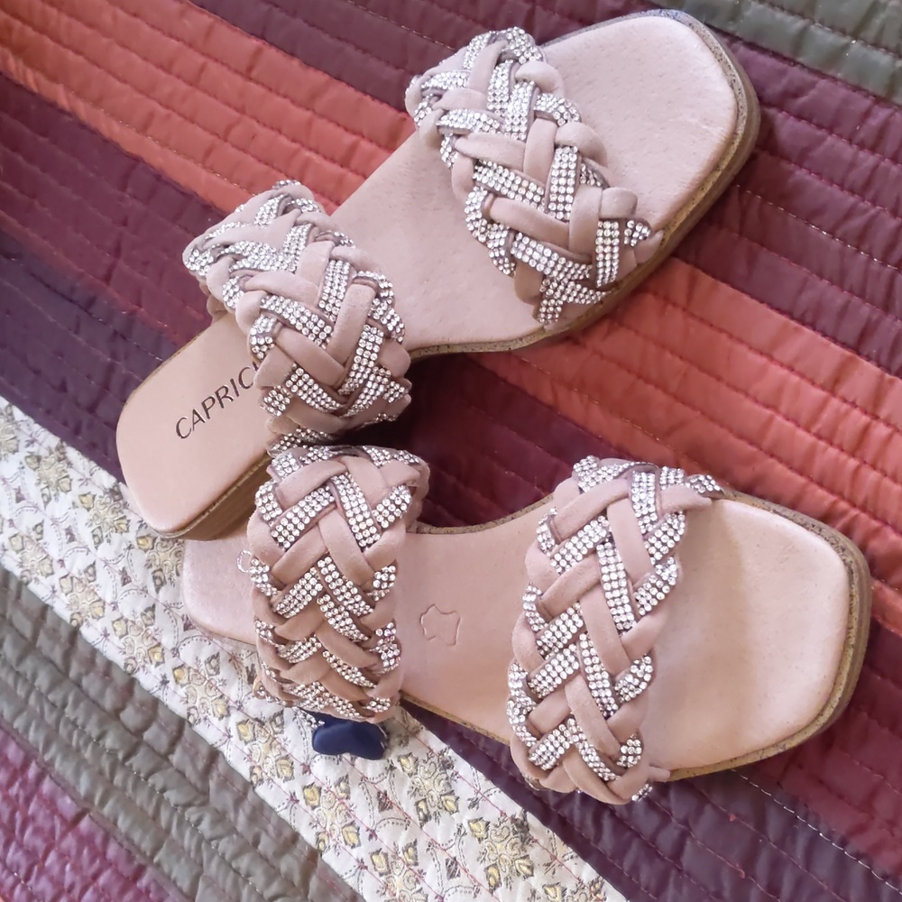CAPRICE* waking on air rhinestone crystal leather 2 strap braided flat s…